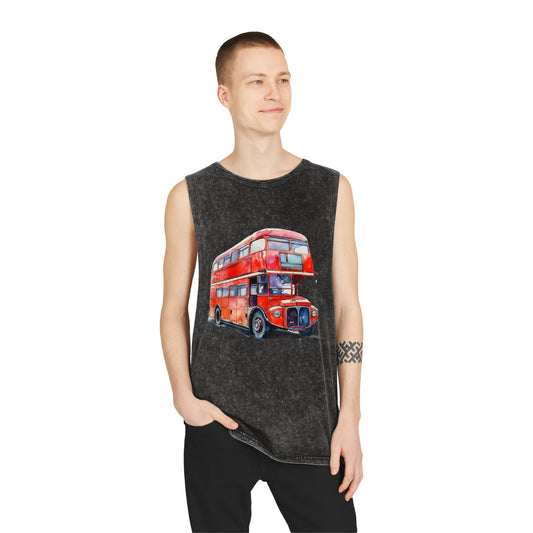 Unisex Stonewash Tank Top - London Transport English Bus - Iconic Red Double-Decker Design