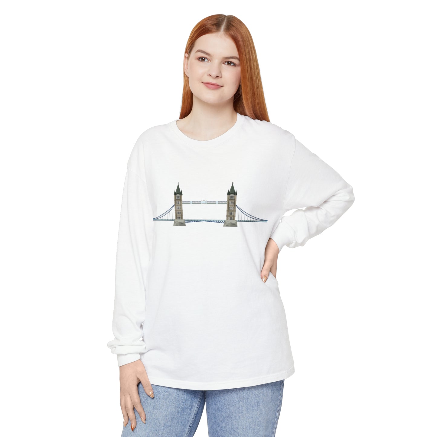 Unisex Garment-dyed Long Sleeve T-Shirt - Tower Bridge - Iconic London Landmark Illustration
