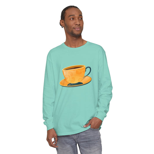 Unisex Garment-dyed Long Sleeve T-Shirt - Elegant British Tea Cup - Classic Tea Time Style