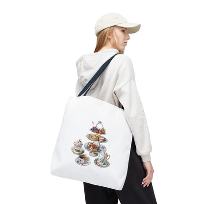 Charming Tea Party Tote Bag, Perfect for Tea Lovers, Gift for Hostess, Garden Parties, Woven Shopping Bag, Floral Print Accessory
