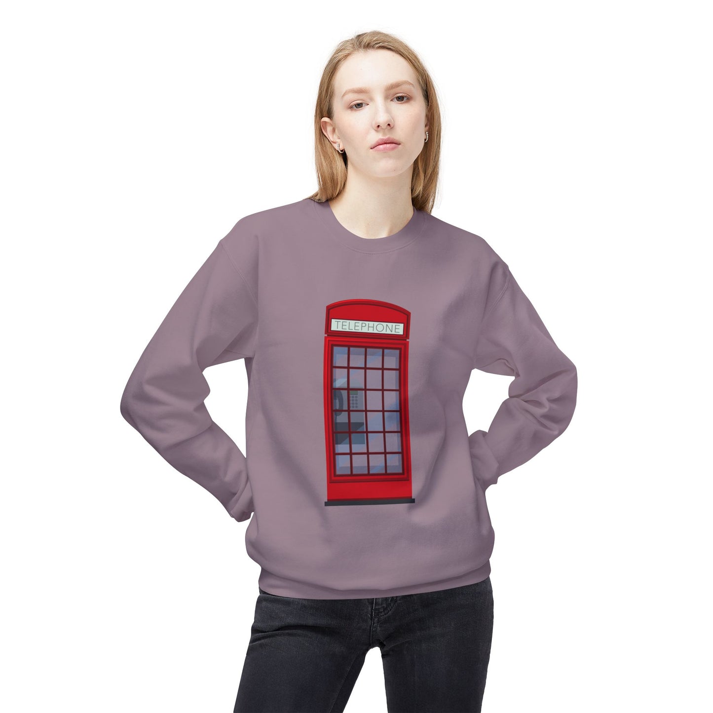 Unisex Midweight Softstyle Fleece Crewneck Sweatshirt - Iconic British Red Telephone Booth Design"