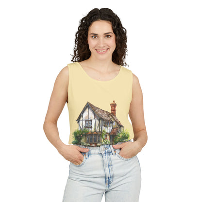Unisex Garment-Dyed Tank Top - Charming English Cottage Illustration Print