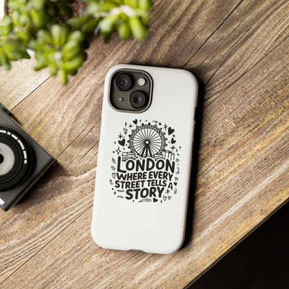 London Story Phone Case, Tough iPhone Cover, Gift for Travelers, London Souvenir, Black Typography Design