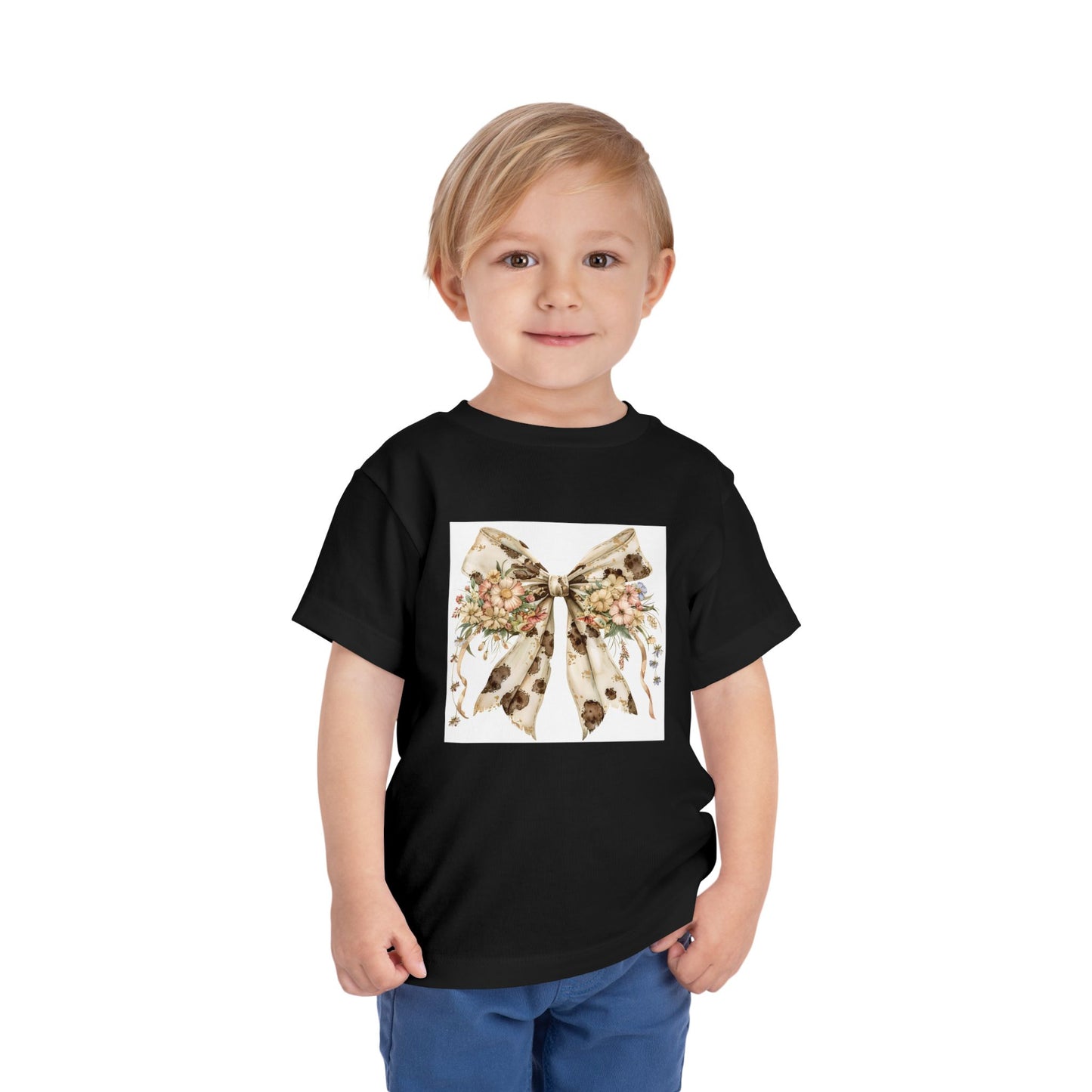 Toddler Tee - Western Floral Bow with Cow Pattern Aesthetic - Cute Short Sleeve Shirt for Kids
