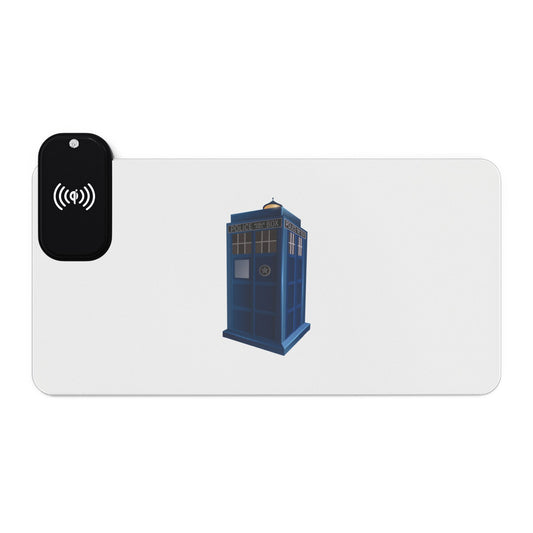 Blue Police Box (TARDIS Style) - LED Gaming Mouse Pad - Wireless Charging, Illuminated Mousepad for Gamers, Desk Accessories for Home Office, Tardis Design, Gamer Gift