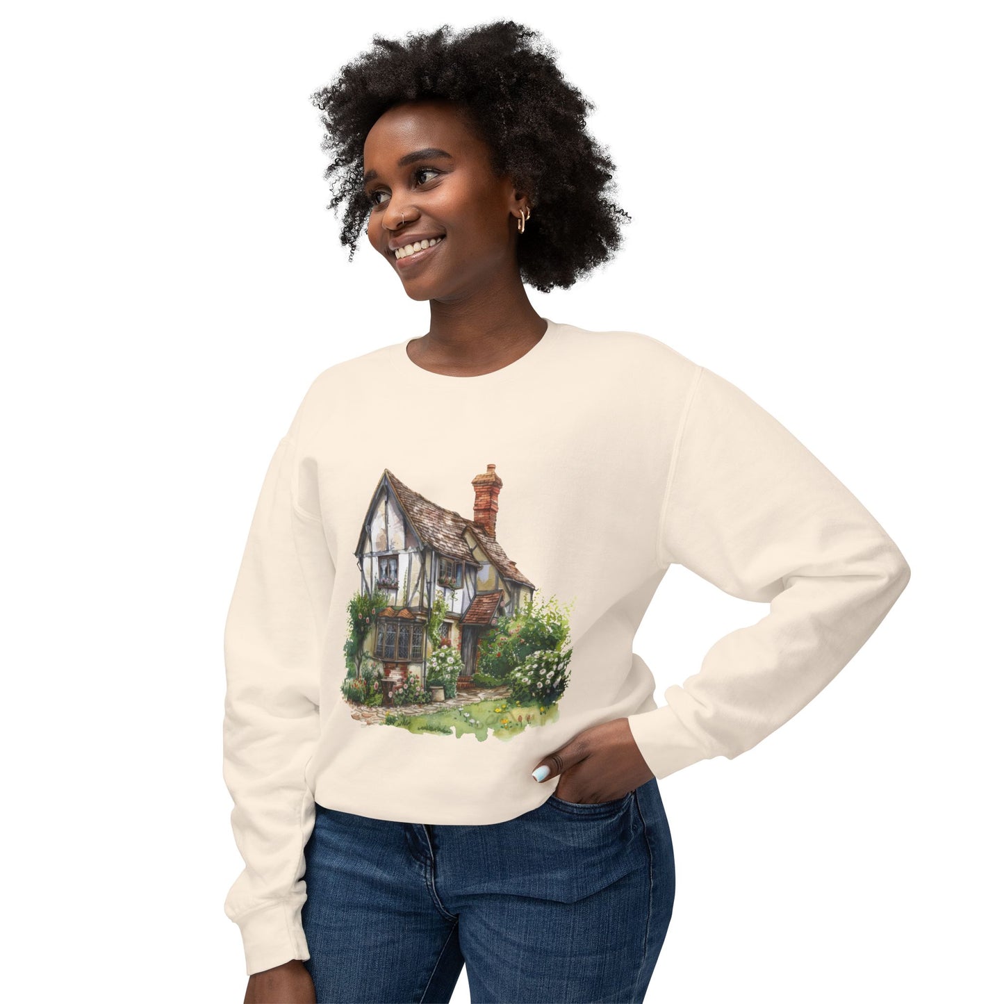 Unisex Lightweight Crewneck Sweatshirt - Charming and Cozy Life in a British Village House