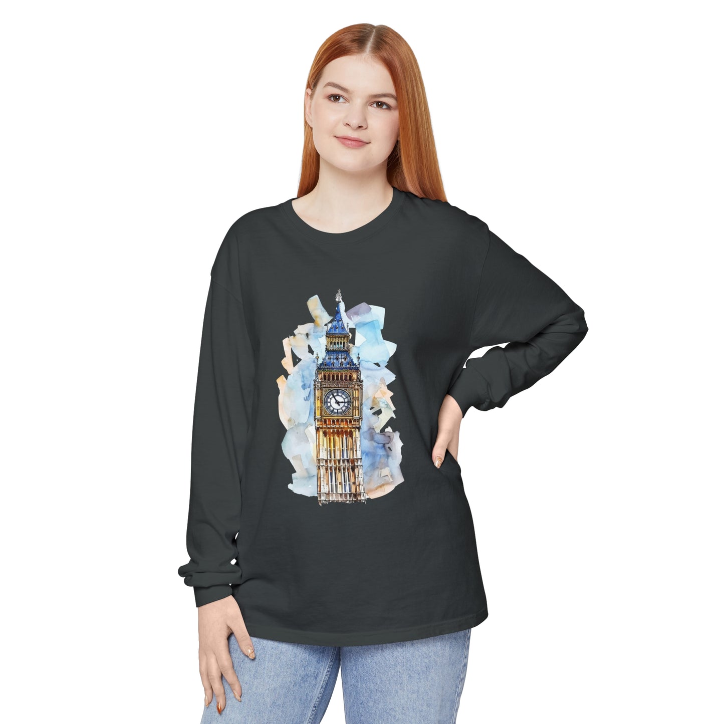 Unisex Garment-dyed Long Sleeve T-Shirt - Towering Time - Big Ben and British Heritage