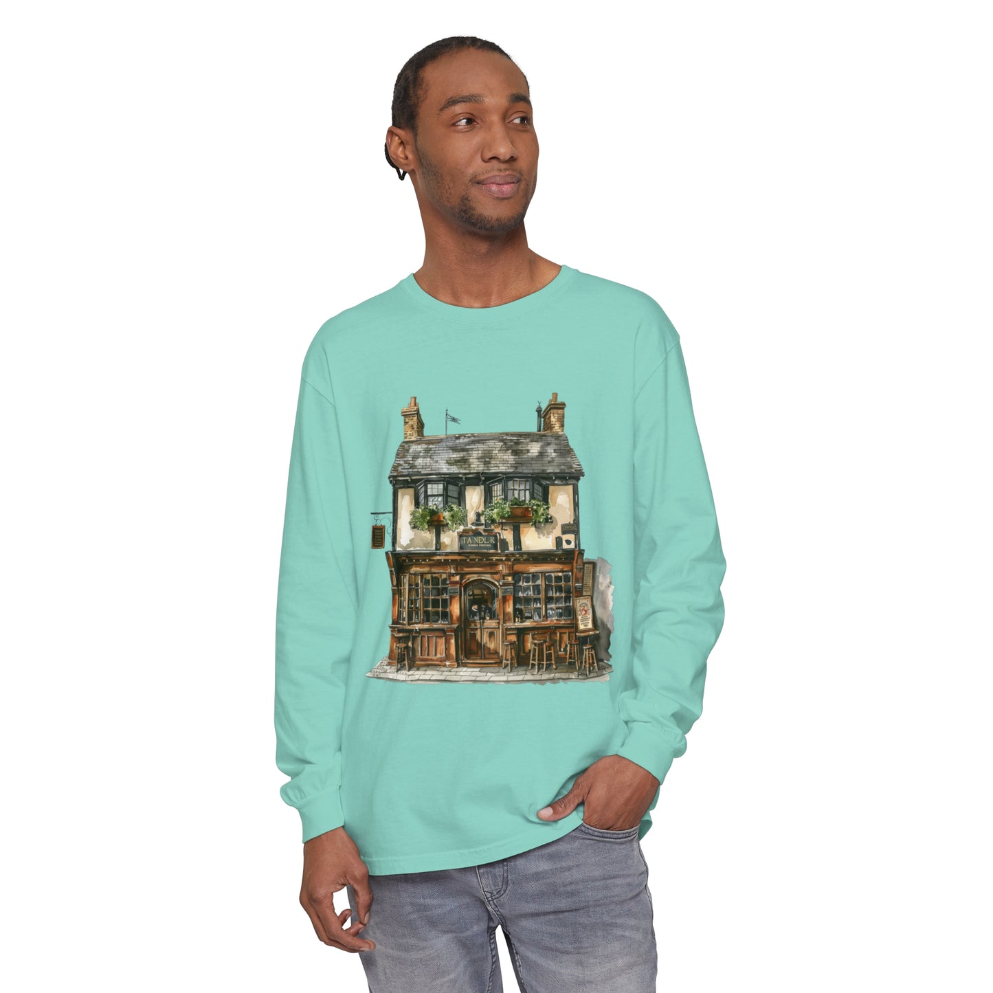 Unisex Garment-dyed Long Sleeve T-Shirt - Charming British House - Classic Design and Warmth