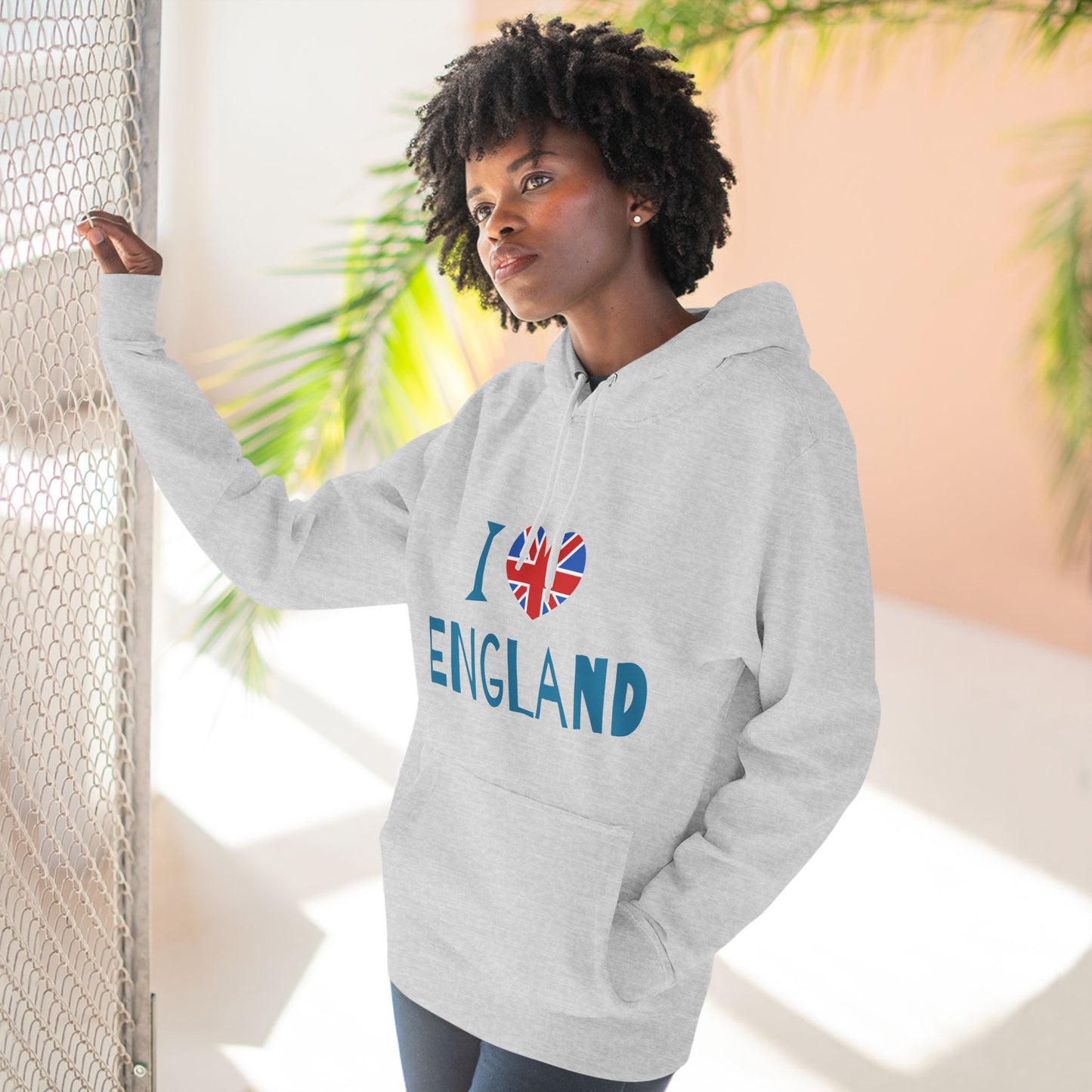 Three-Panel Fleece Hoodie - I Love England - Union Jack Heart Design