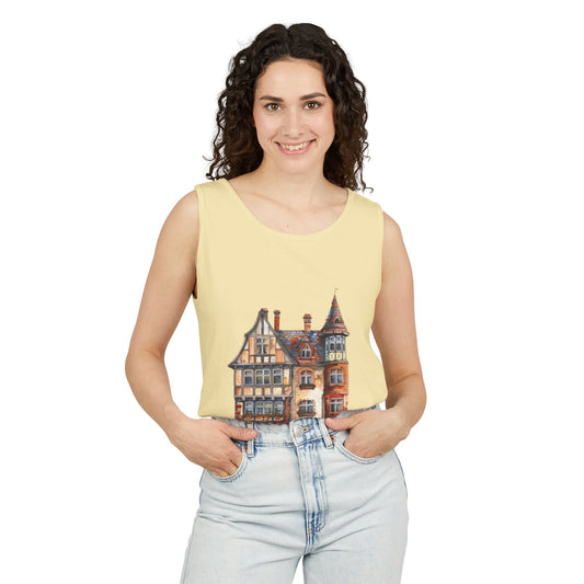 Unisex Garment-Dyed Tank Top - Vintage England House Watercolor Art