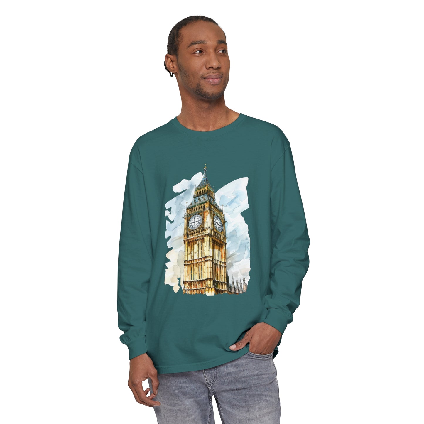 Unisex Garment-dyed Long Sleeve T-Shirt - London Clock Tower - Iconic Big Ben and Timeless Architecture