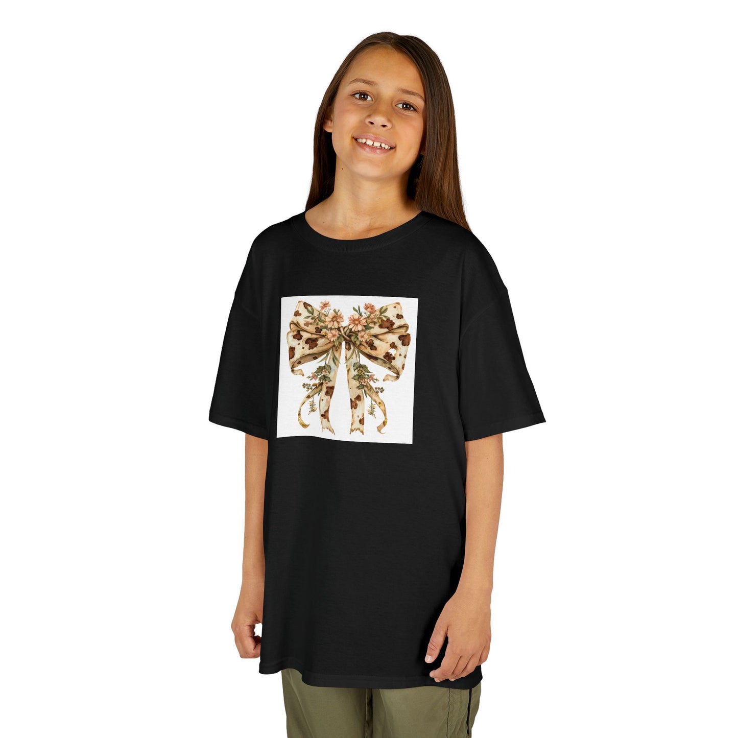 Kids Tee - Boho Western Bow with Flowers and Cow Pattern -  Adorable Heavy Cotton T-Shirt for Little Fashionistas