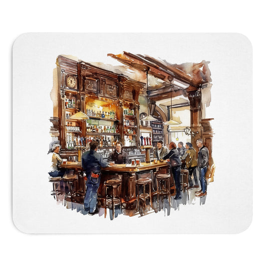 Artistic Bar Scene Mouse Pad, Vintage Pub Decor, Office Desk Accessory, Gift for Gamers, Coffee Shop Lovers