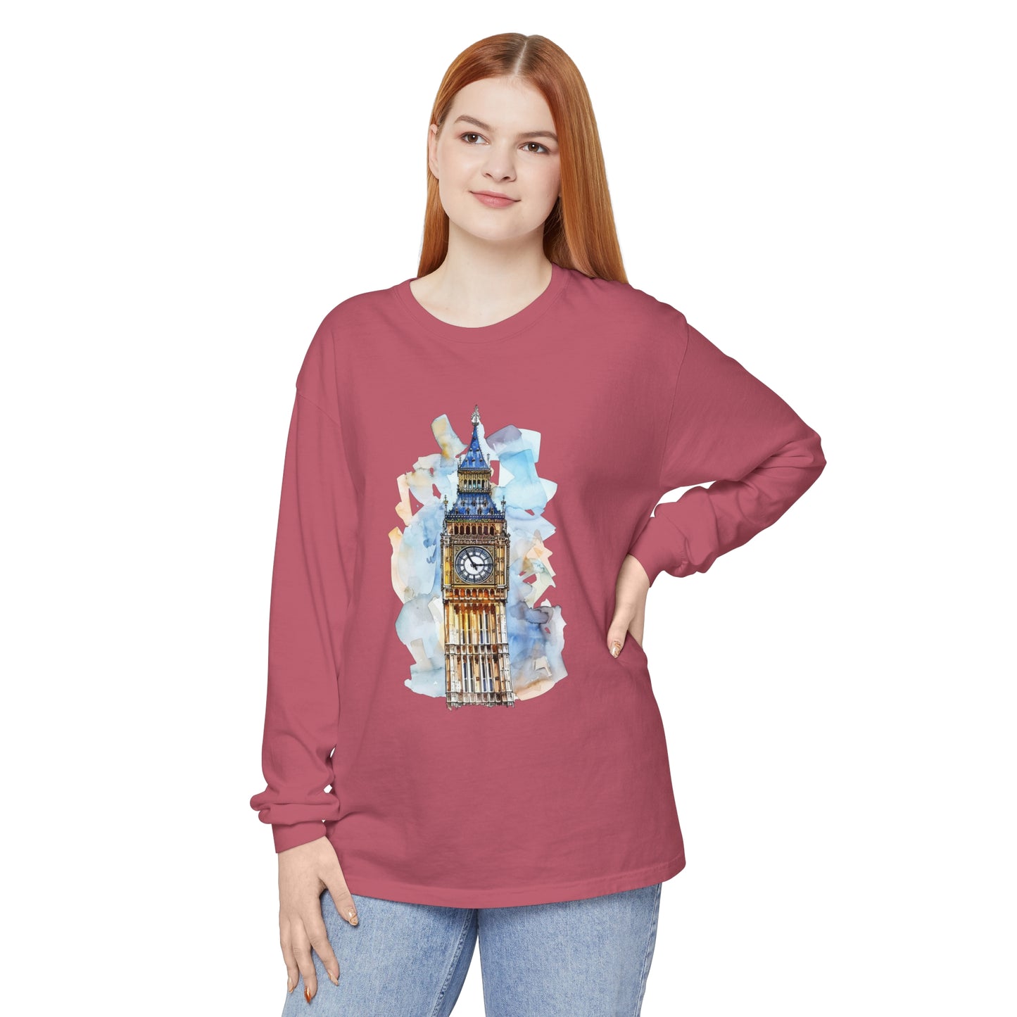 Unisex Garment-dyed Long Sleeve T-Shirt - Towering Time - Big Ben and British Heritage