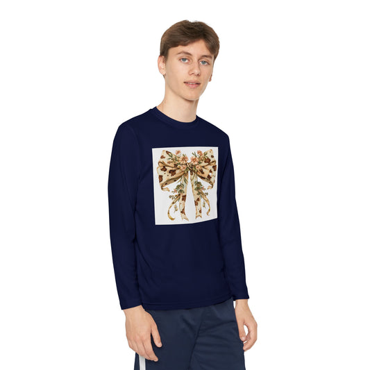 Youth Long Sleeve Tee Country Style Cow Print Bow with Wildflowers