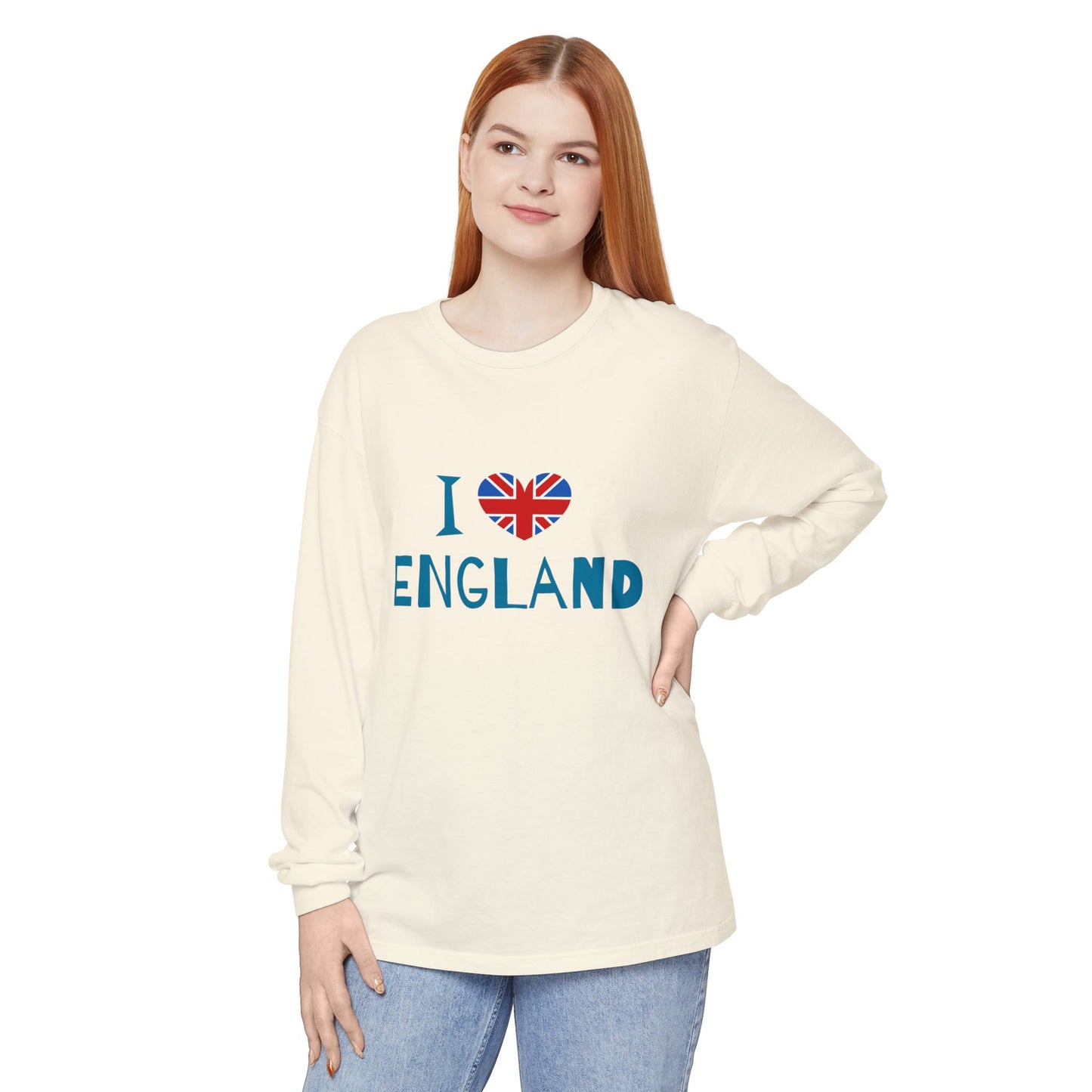 Unisex Garment-dyed Long Sleeve T-Shirt - I Love England - Union Jack Heart Design