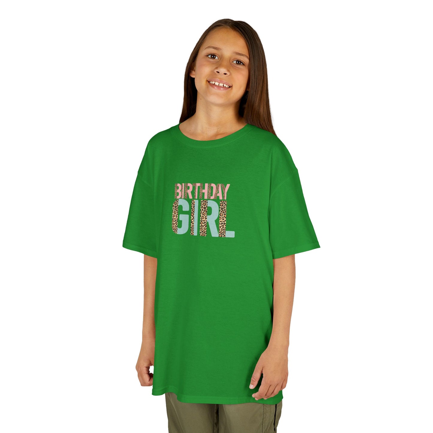 Kids Heavy Cotton Tee - Wild Leopard Print Birthday Girl PNG Design - Cute Celebration T-Shirt