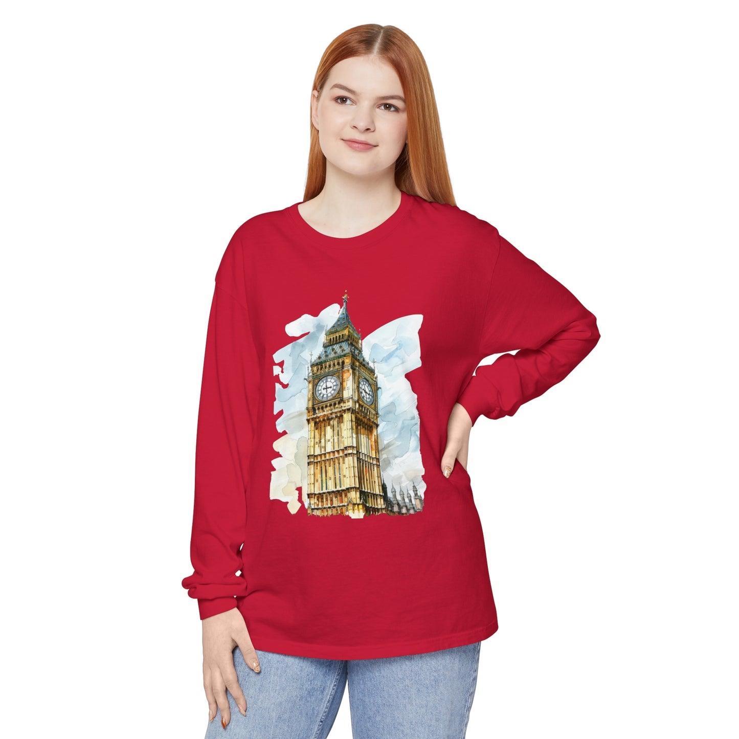Unisex Garment-dyed Long Sleeve T-Shirt - Iconic Big Ben Clock Tower Design - London Landmark