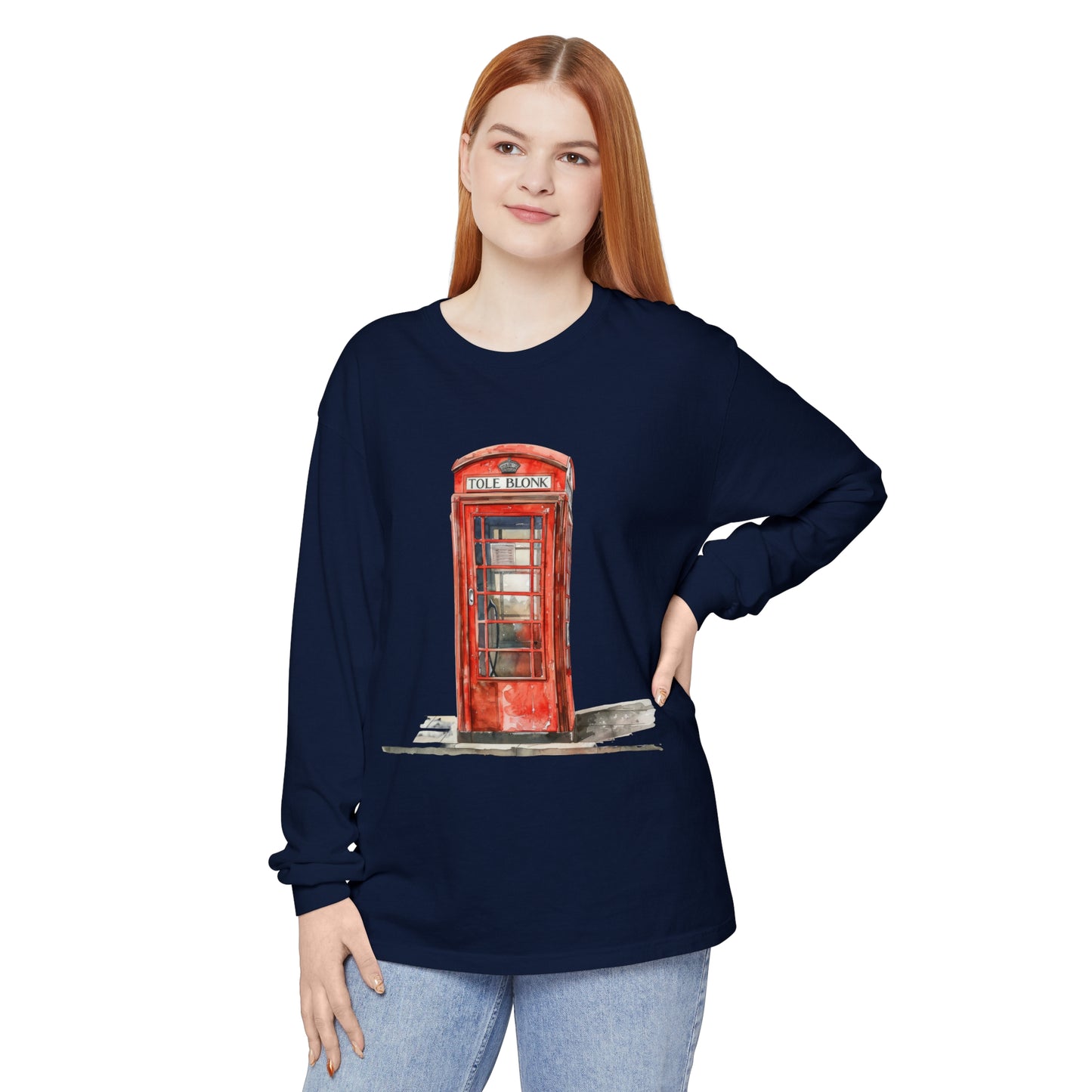 Unisex Garment-dyed Long Sleeve T-Shirt - Iconic British Public Telephone - Classic Red Phone Box Design