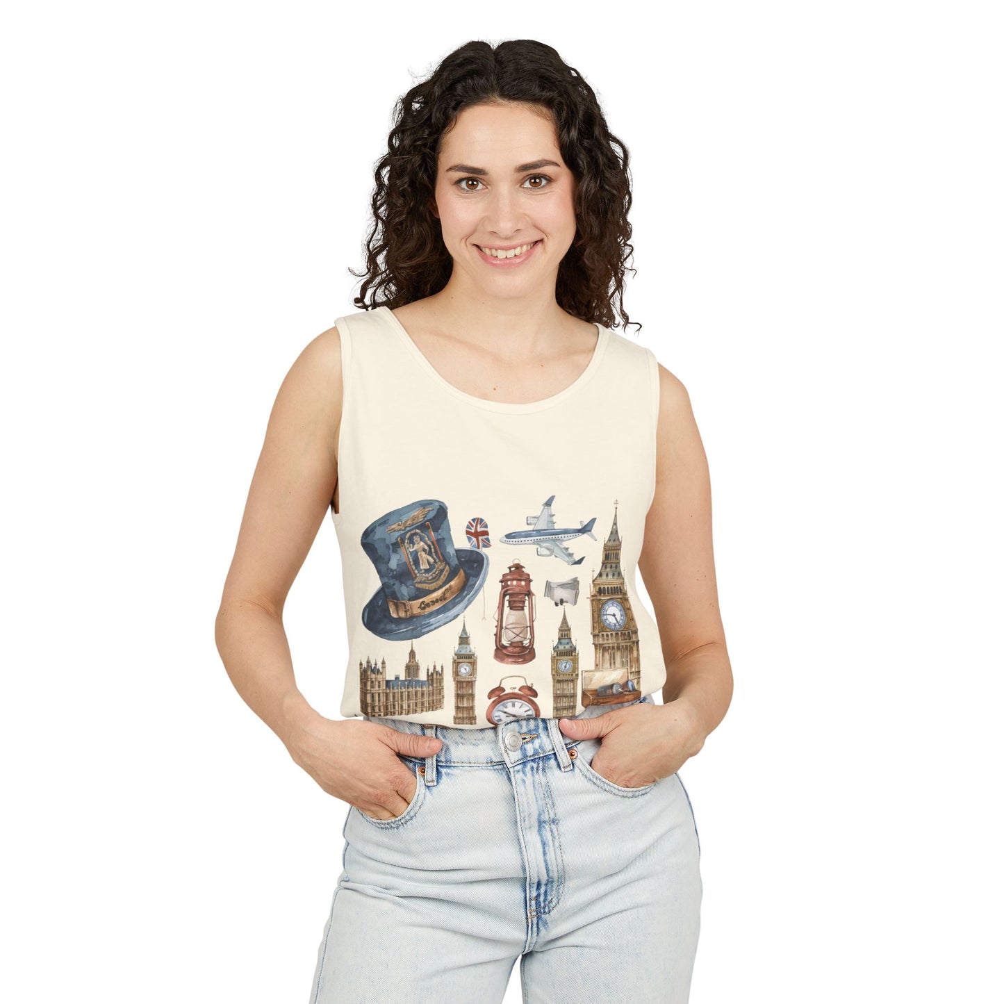 Unisex Garment-Dyed Tank Top - England Travel Icons Artistic Print