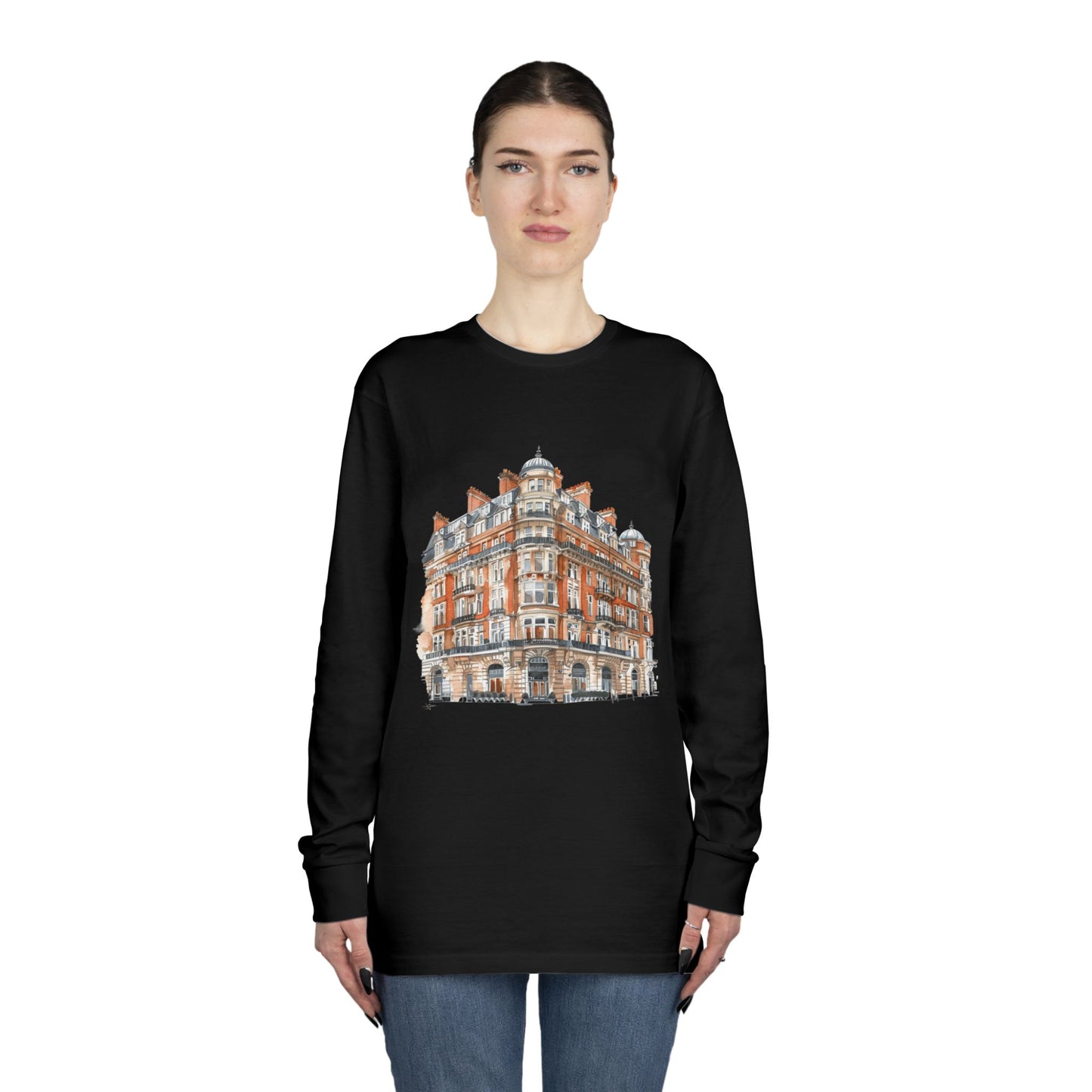 Long Sleeve Crewneck Tee - Classic British Architecture - Elegant Historic Building"