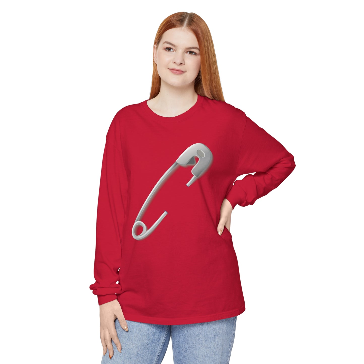 Unisex Garment-dyed Long Sleeve T-Shirt - Minimalist Safety Pin Design