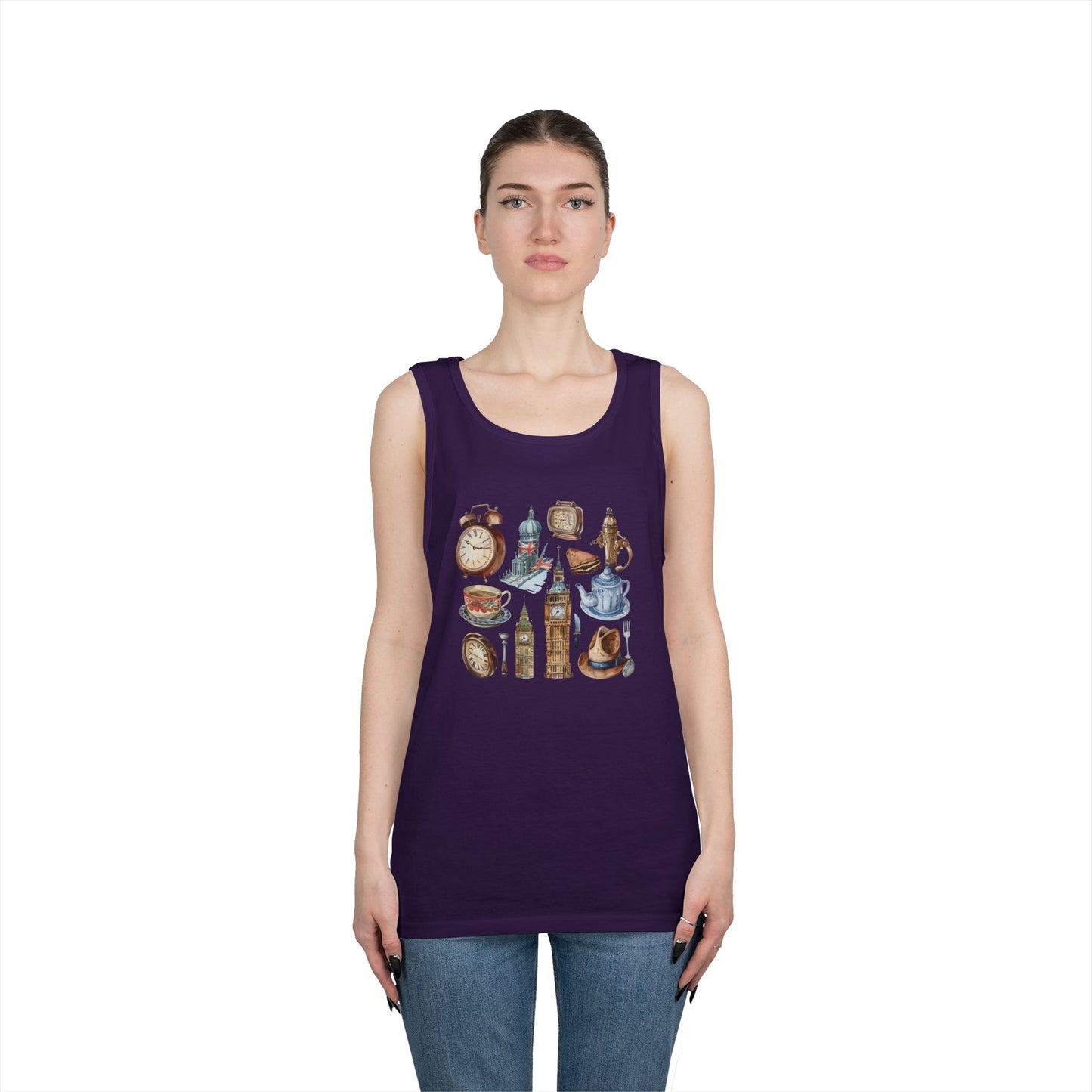 Unisex Heavy Cotton Tank Top - England Travel Icons Artistic Print
