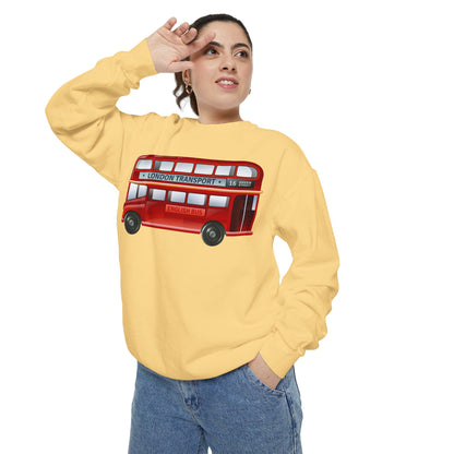 Unisex Garment-Dyed Sweatshirt - City on Wheels - The Classic British Red Bus