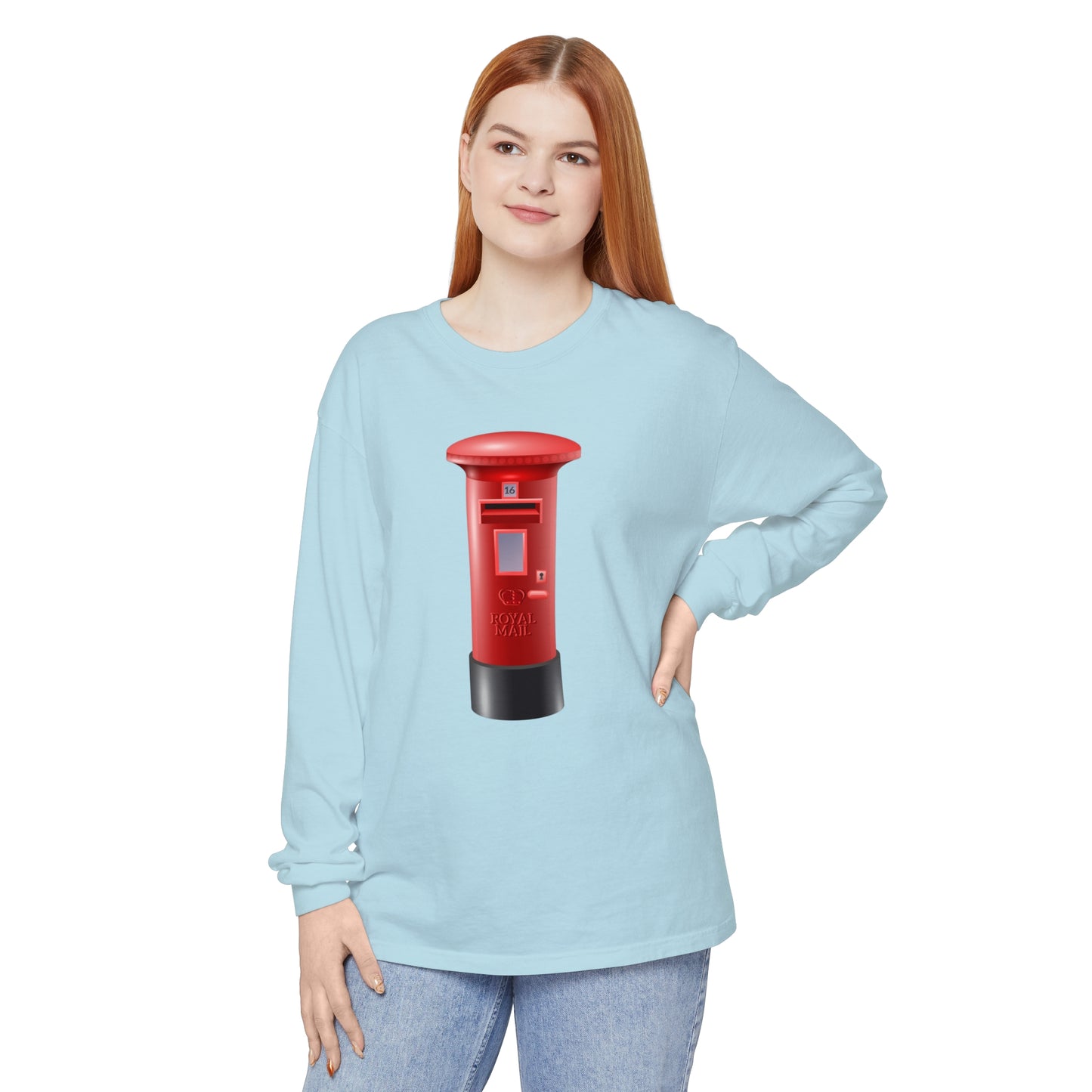 Unisex Garment-dyed Long Sleeve T-Shirt - Classic UK Royal Mailbox Design - British Postbox Icon