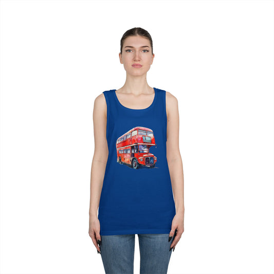 Unisex Heavy Cotton Tank Top - British Red Bus Watercolor Design