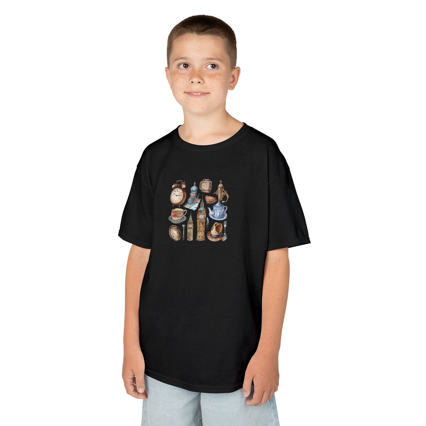 Kids Heavy Cotton Tee -  England Travel Icons Artistic Print - Cool Collectibles Design
