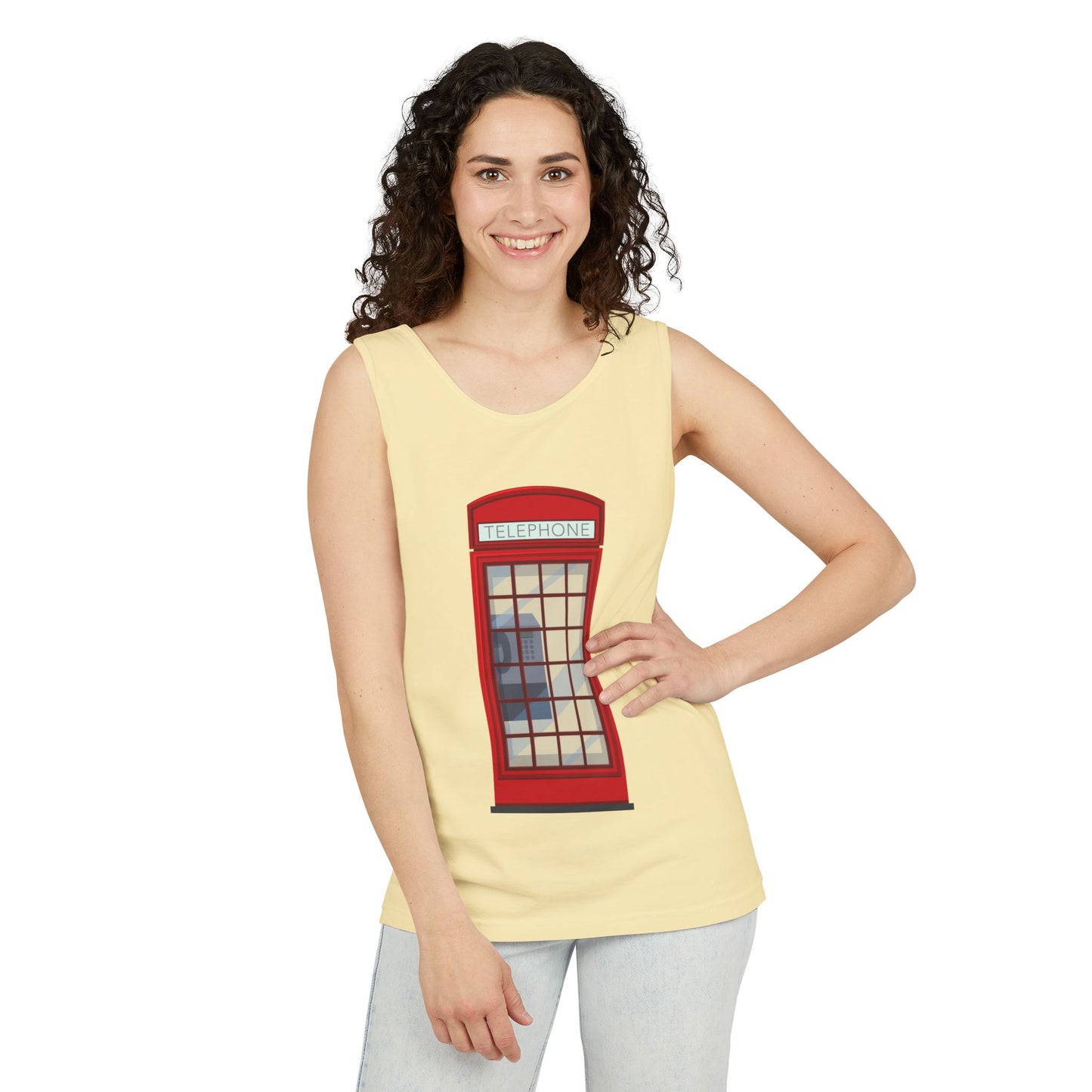Unisex Garment-Dyed Tank Top - Iconic British Public Telephone - Classic Red Phone Box Design