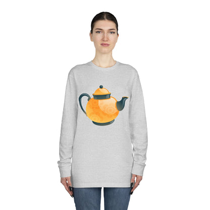 Long Sleeve Crewneck Tee - Classic British Tea Kettle - Timeless Elegance in Tea Time
