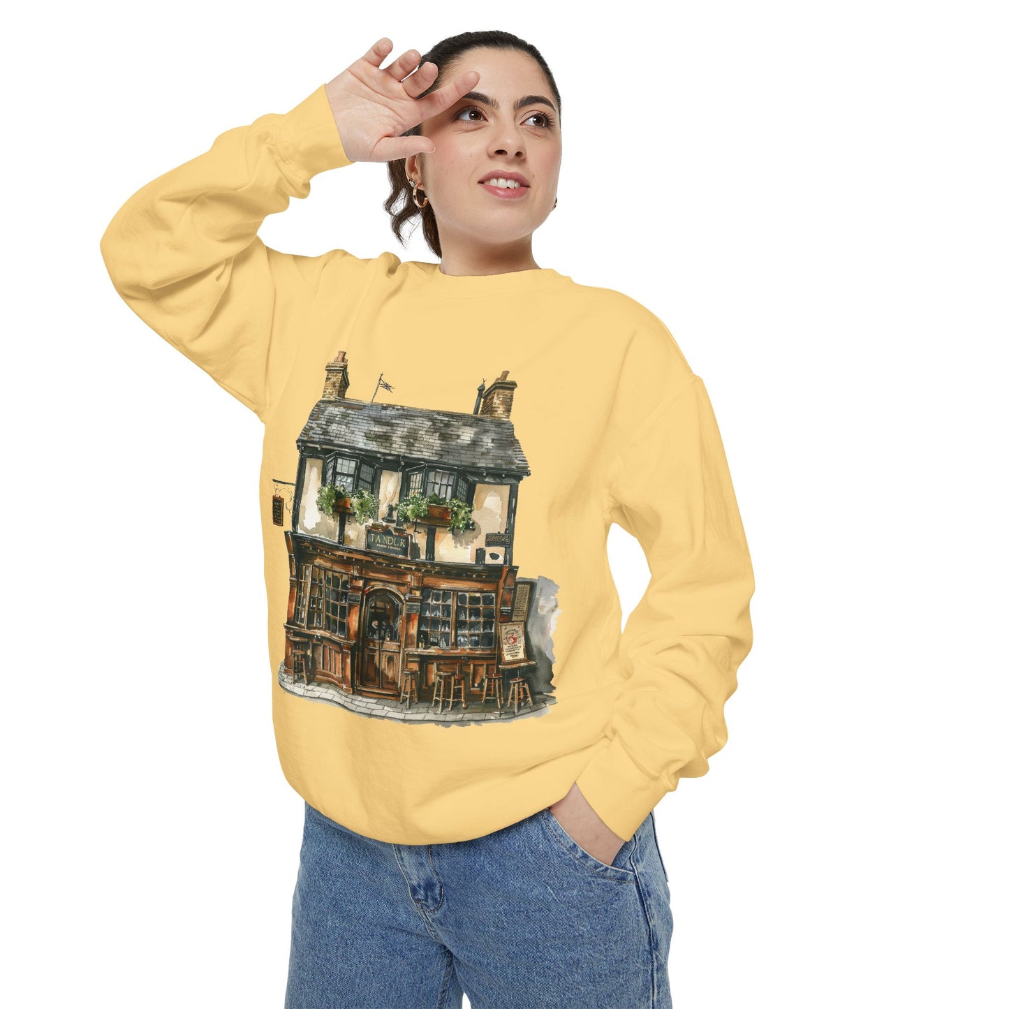 Unisex Garment-Dyed Sweatshirt - From Thatched Roofs to Stone Walls - British Village Houses