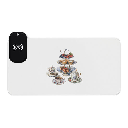 Vintage Tea Time – Elegant English Set - LED Wireless Charging Gaming Mouse Pad, Elegant Tea Party Design, Desk Accessory for Gamers, Eco-friendly Gift, Holiday Decor