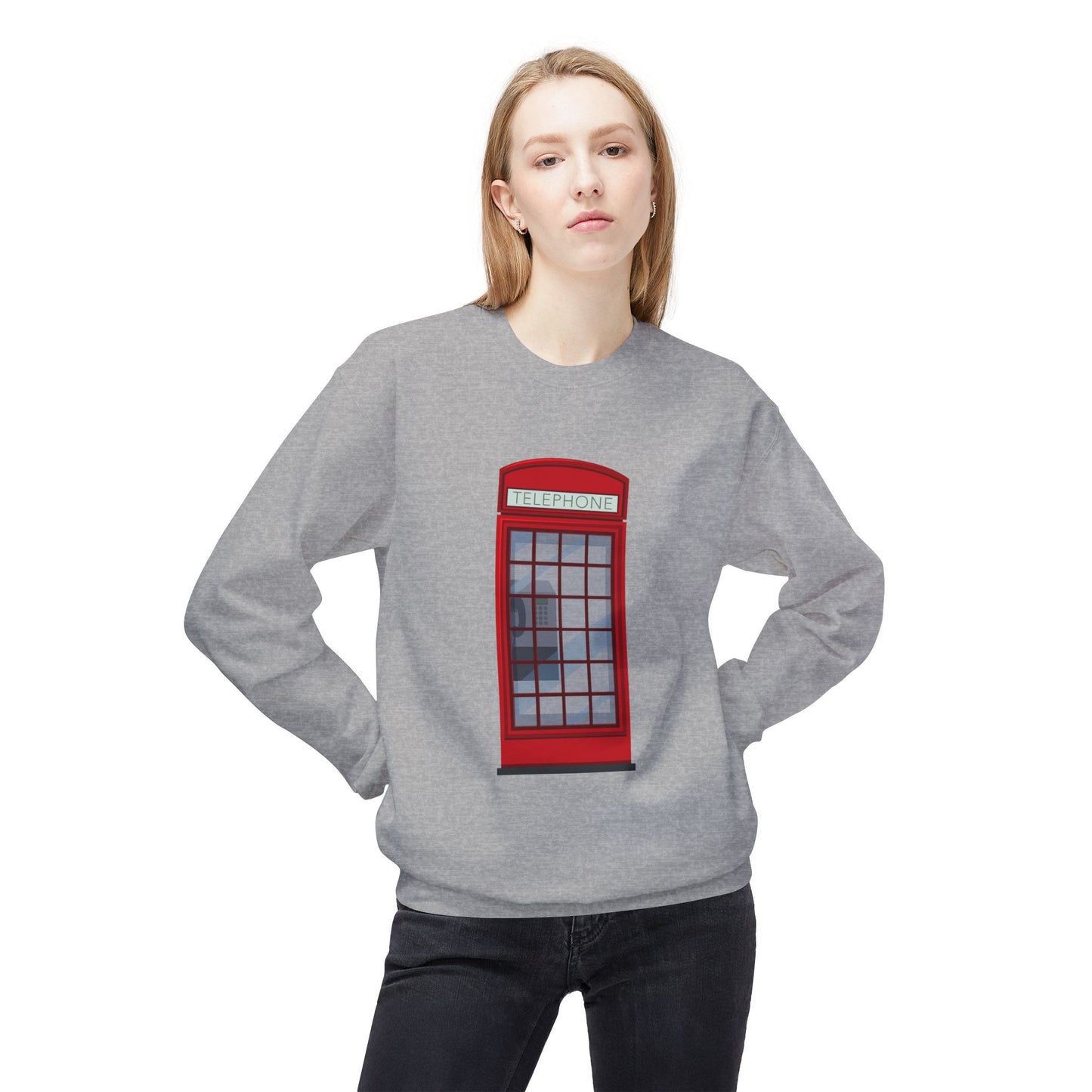 Unisex Midweight Softstyle Fleece Crewneck Sweatshirt - Iconic British Red Telephone Booth Design"