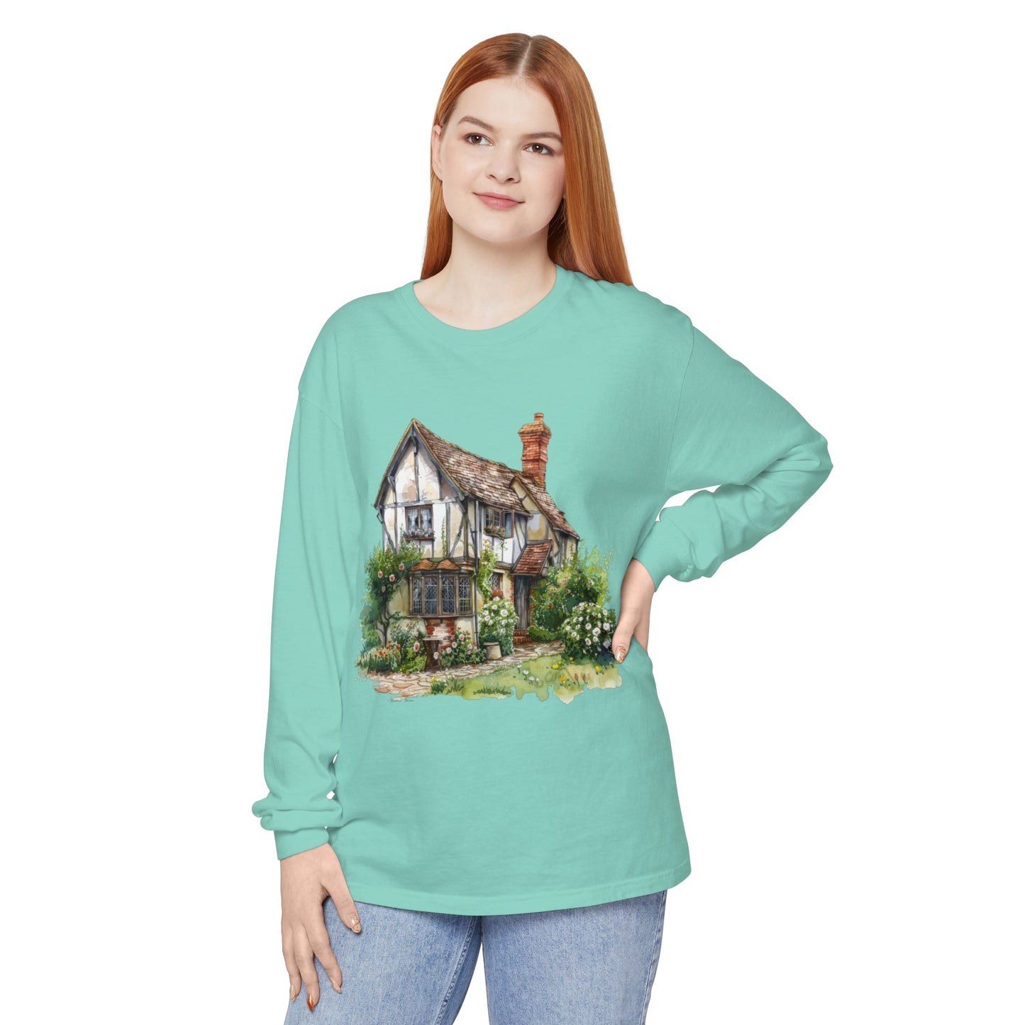 Unisex Garment-dyed Long Sleeve T-Shirt - Charming British House