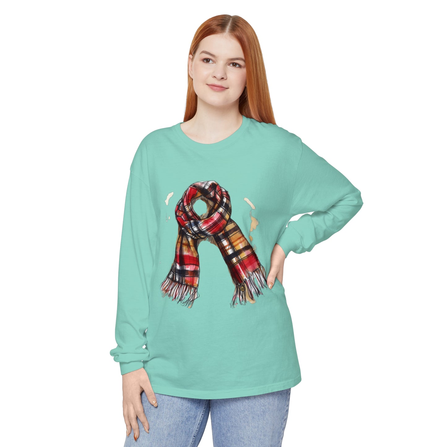 Unisex Garment-dyed Long Sleeve T-Shirt - Classic British Plaid Scarf Design