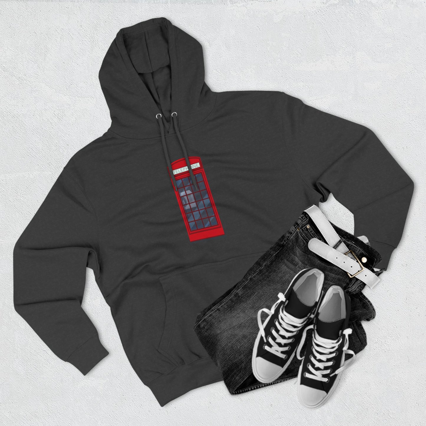 Iconic British Red Telephone Relaxed Three-Panel Fleece Hoodie