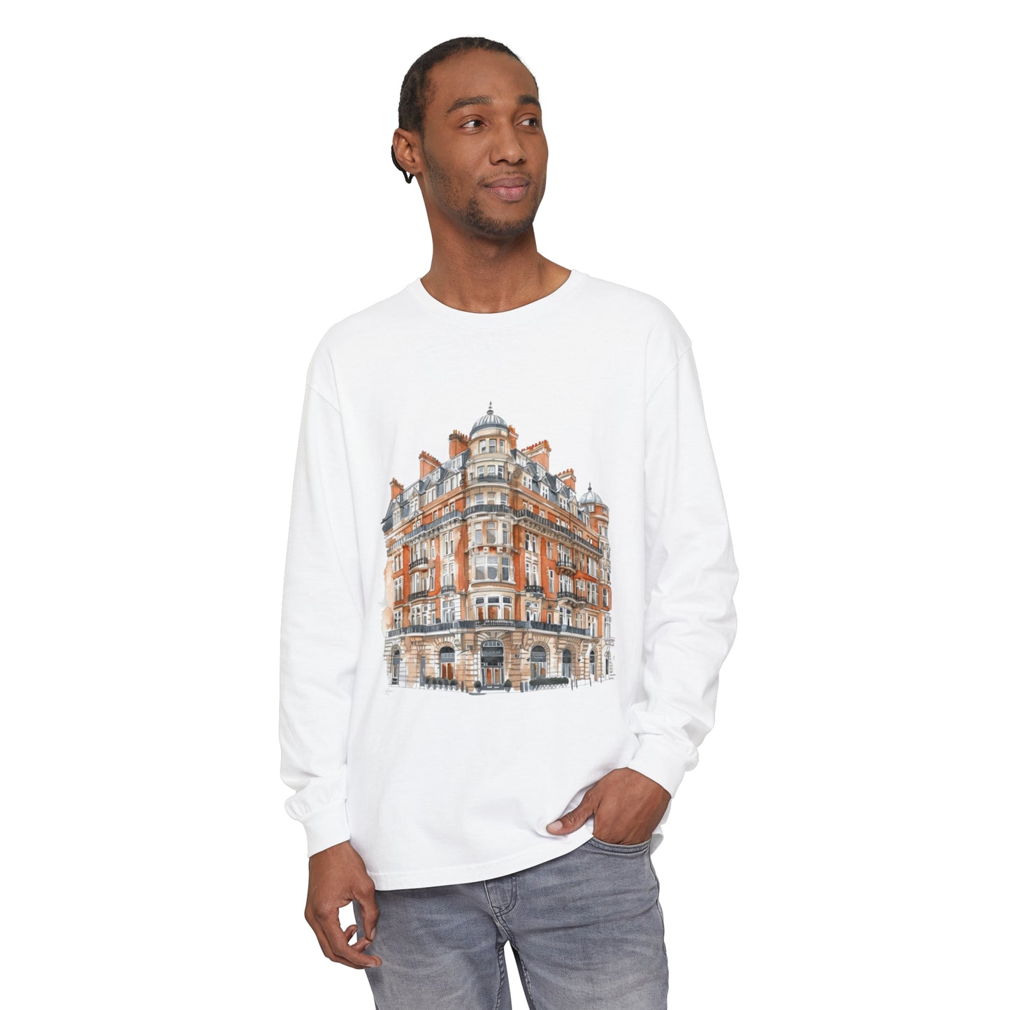 Unisex Garment-dyed Long Sleeve T-Shirt - Classic British Architecture - Elegant Historic Building