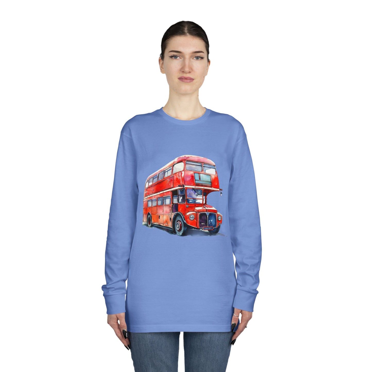 Long Sleeve Crewneck Tee - London Transport English Bus - Iconic Red Double-Decker Design