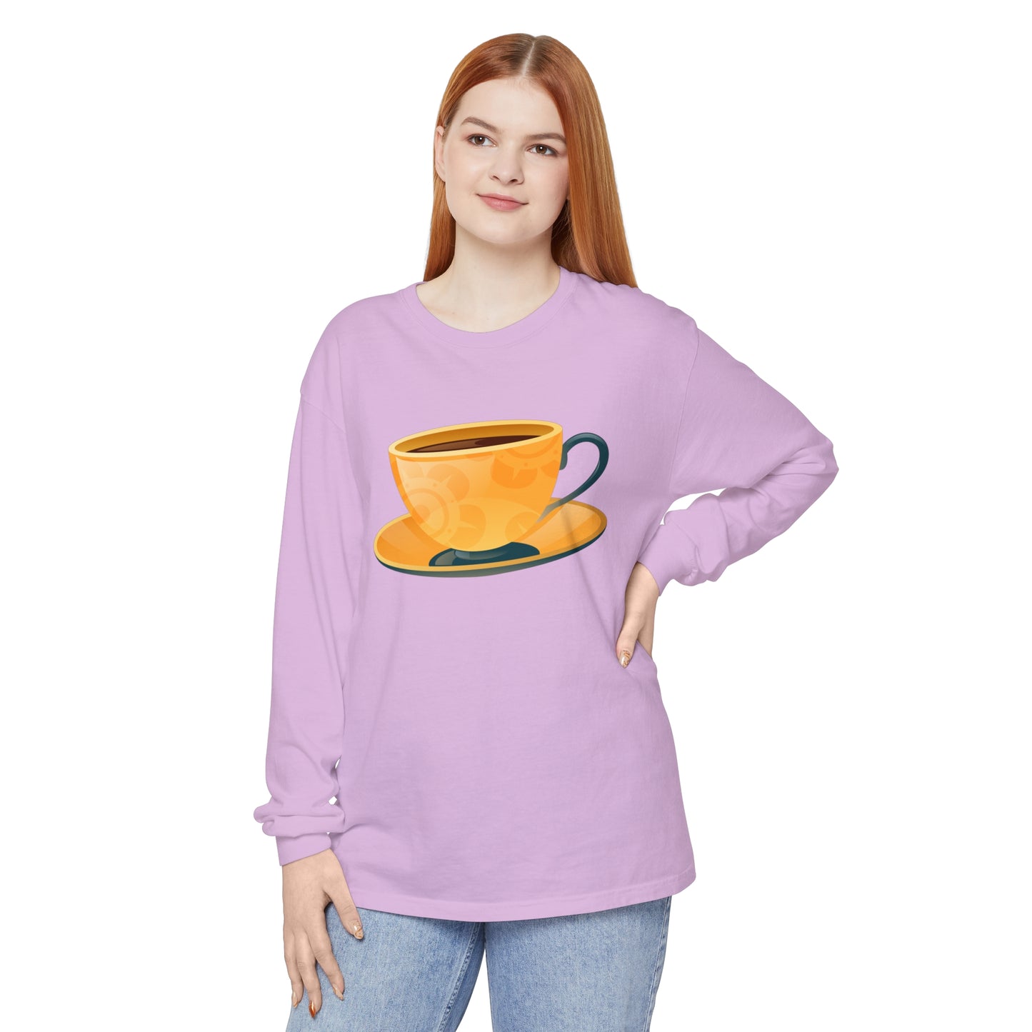 Unisex Garment-dyed Long Sleeve T-Shirt - Elegant British Tea Cup - Classic Tea Time Style