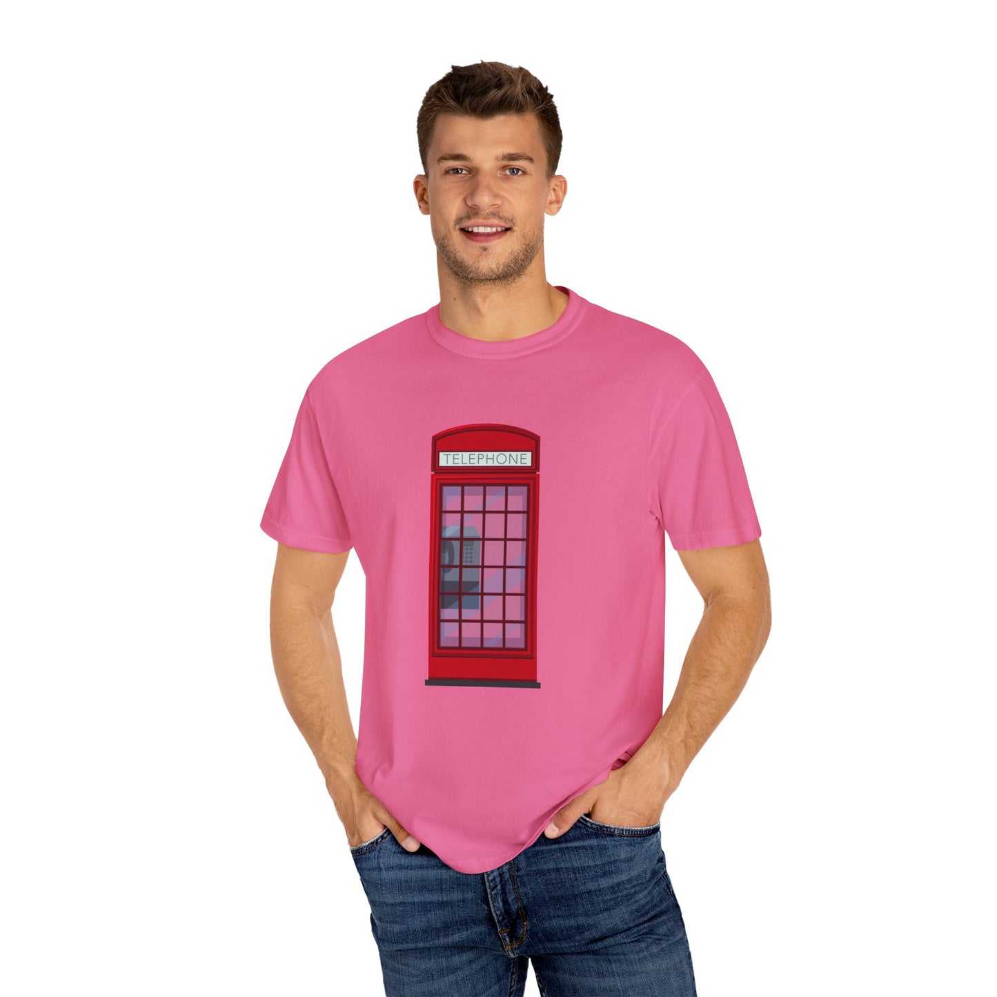 Iconic British Public Telephone - Classic Red Phone Box Soft-touch Unisex Garment-Dyed T-shirt