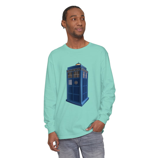 Unisex Garment-dyed Long Sleeve T-Shirt - British Police Public Call Box - Iconic TARDIS