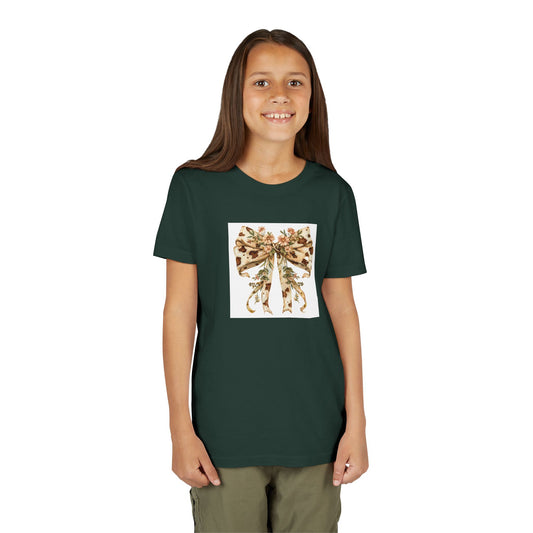 Youth Tee - Country Style Cow Print Bow with Wildflowers - Cute Kids Short Sleeve Shirt