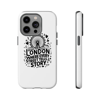 London Story Phone Case, Tough iPhone Cover, Gift for Travelers, London Souvenir, Black Typography Design