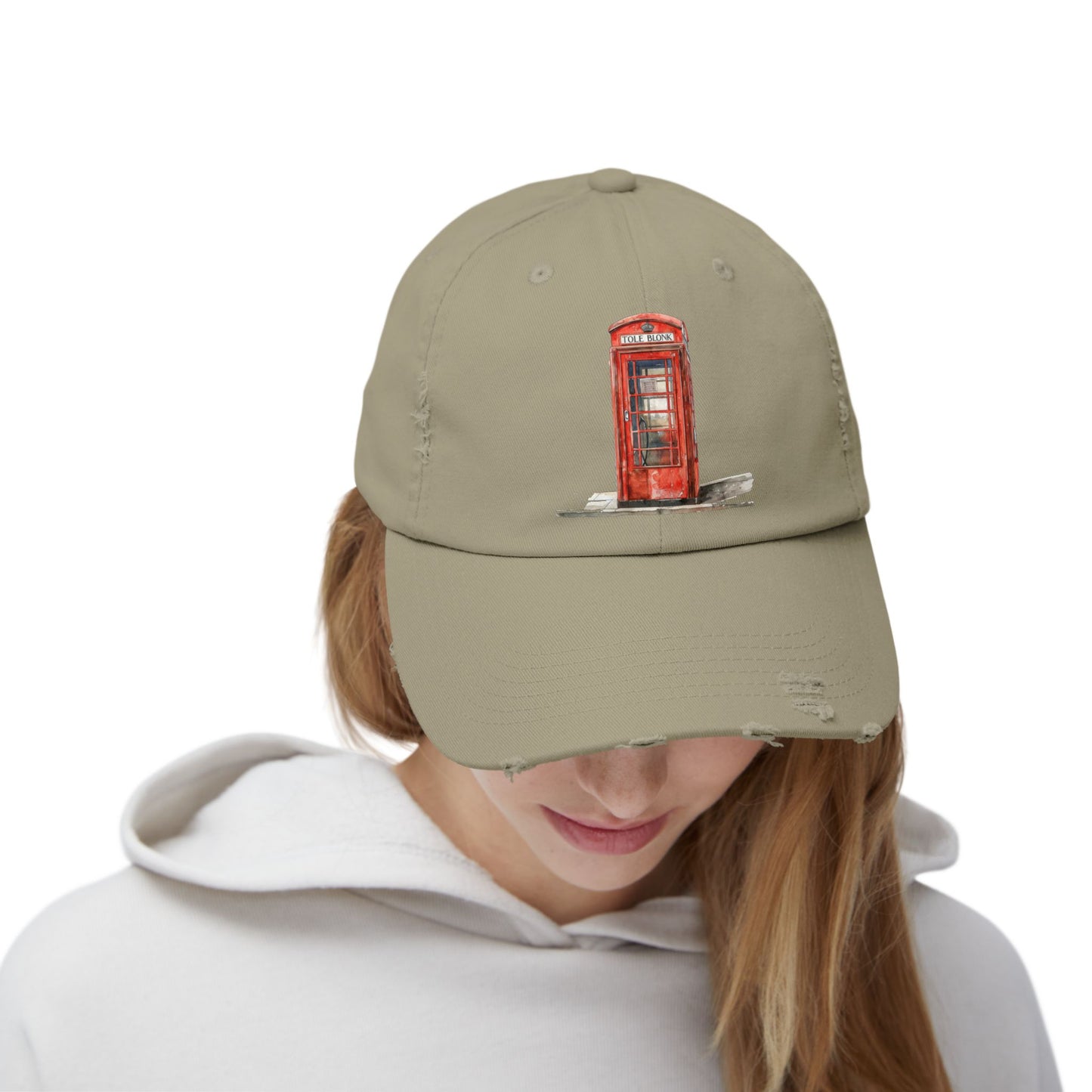London Phone Booth Distressed Cap, Vintage Style Baseball Hat, Travel Accessory, Gift for Travelers, Unisex Fashion Headwear