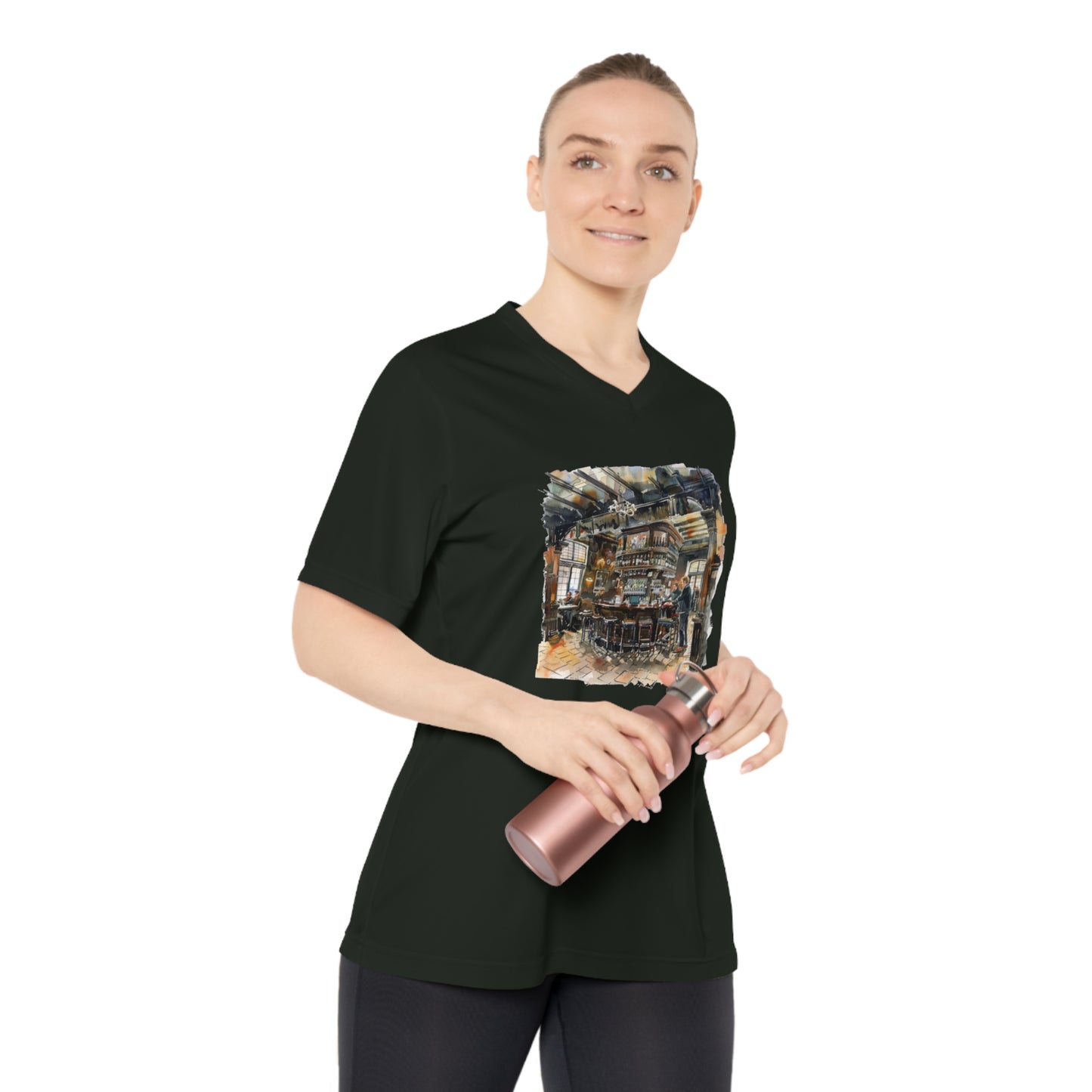 Women's Performance V-Neck T-Shirt - Rustic Bar Interior Watercolor Painting