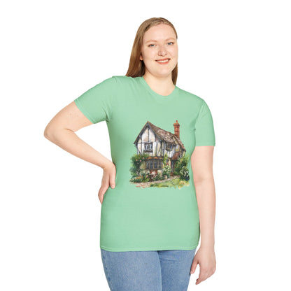 Unisex Softstyle T-Shirt - Rustic Retreat - The Quintessential British Village House