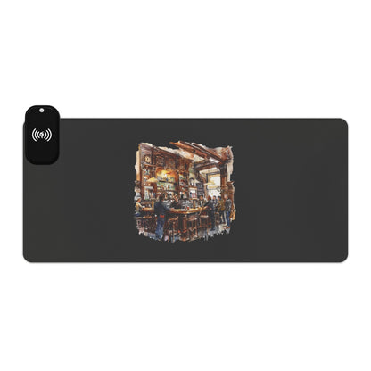 Rustic British Pub Interior – Cozy Charm - LED Gaming Mouse Pad with Wireless Charging, LED Desk Accessory for Gamers, Rechargeable Mouse Pad for Comfort, Office Decor, Gamer Gift